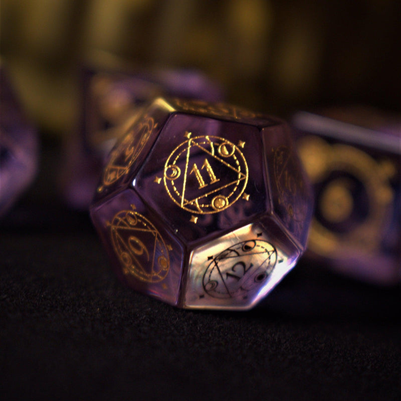 Load image into Gallery viewer, Fabled Mark Purple Glass Dice Set
