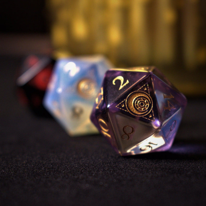 Load image into Gallery viewer, Fabled Mark Purple Glass Dice Set

