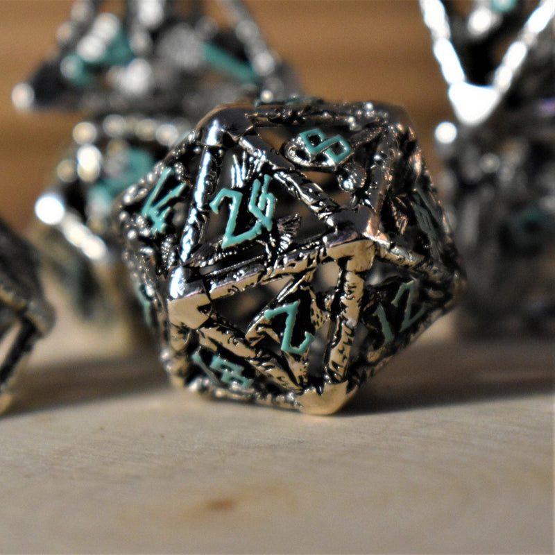 Load image into Gallery viewer, Legends of Valhalla - Silver and Blue Hollow Metal Dice Set
