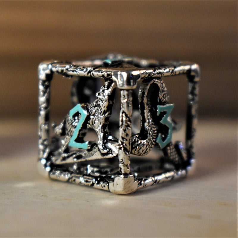 Load image into Gallery viewer, Legends of Valhalla - Silver and Blue Hollow Metal Dice Set
