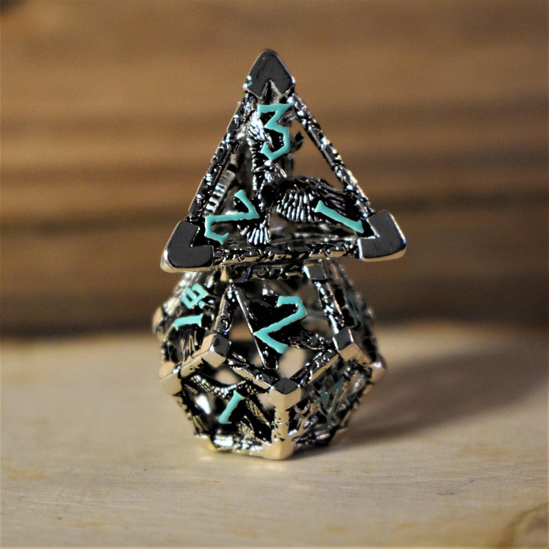 Load image into Gallery viewer, Legends of Valhalla - Silver and Blue Hollow Metal Dice Set
