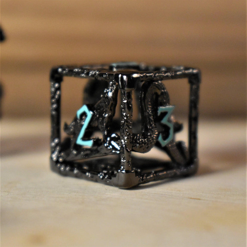 Load image into Gallery viewer, Legends of Valhalla - Black and Blue Hollow Metal Dice Set

