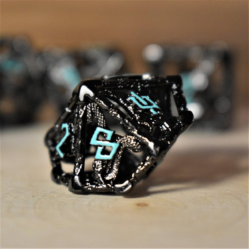 Load image into Gallery viewer, Legends of Valhalla - Black and Blue Hollow Metal Dice Set
