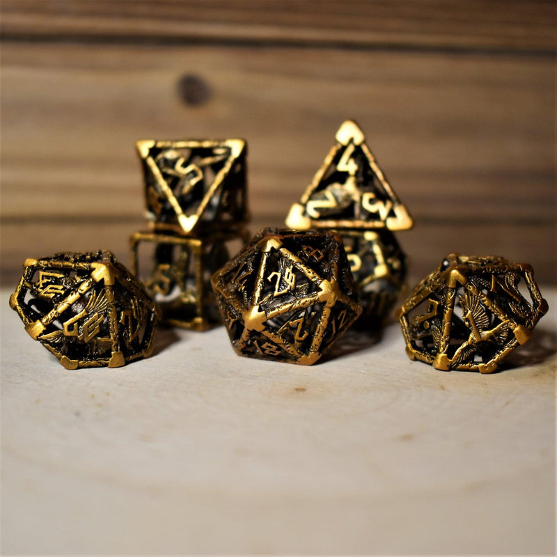 Load image into Gallery viewer, Legends of Valhalla - Golden Brass Hollow Metal Dice Set
