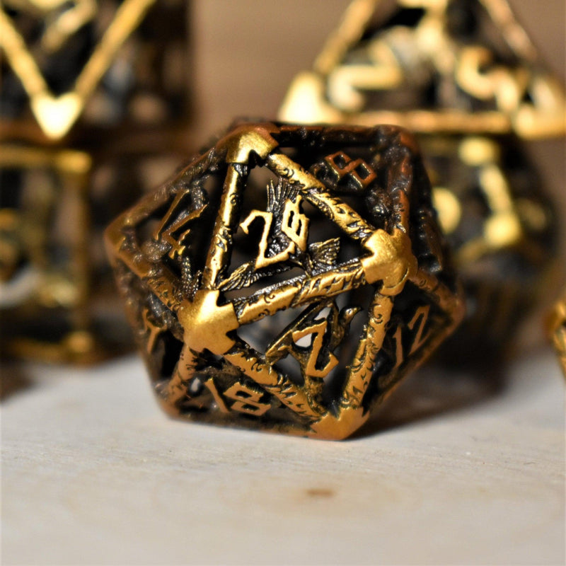 Load image into Gallery viewer, Legends of Valhalla - Golden Brass Hollow Metal Dice Set
