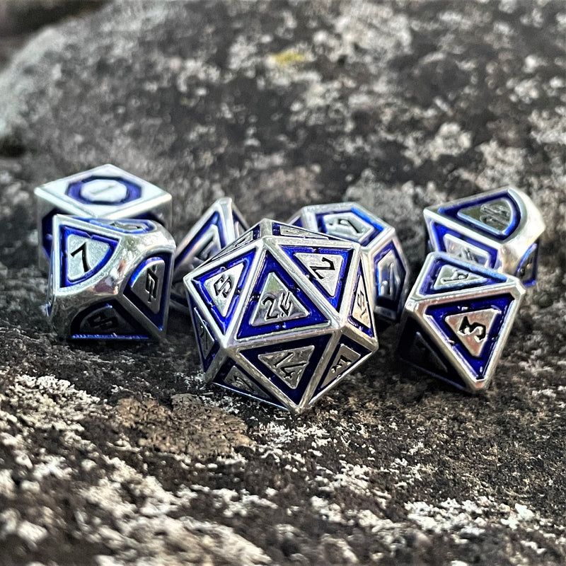 Load image into Gallery viewer, Cleric&#39;s Domain Blue &amp; Silver Metal Dice Set
