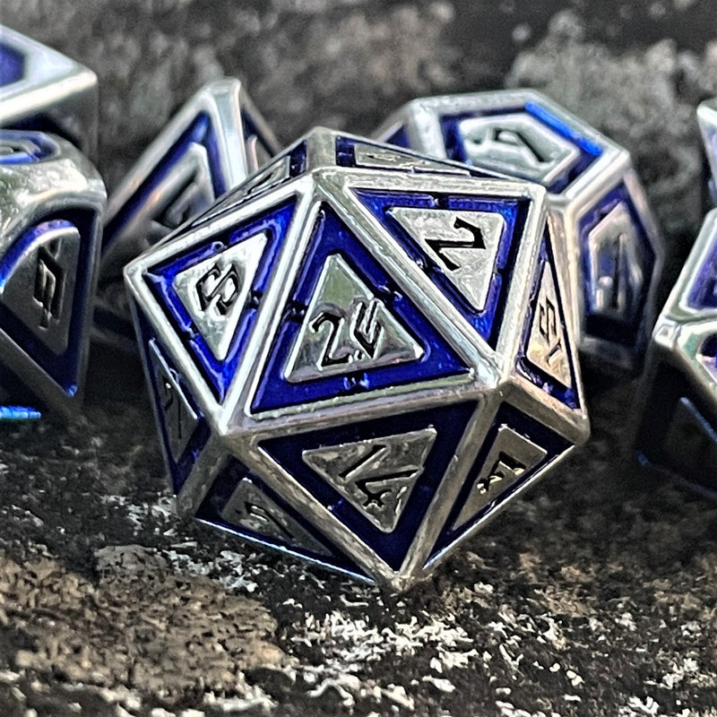 Load image into Gallery viewer, Cleric&#39;s Domain Blue &amp; Silver Metal Dice Set

