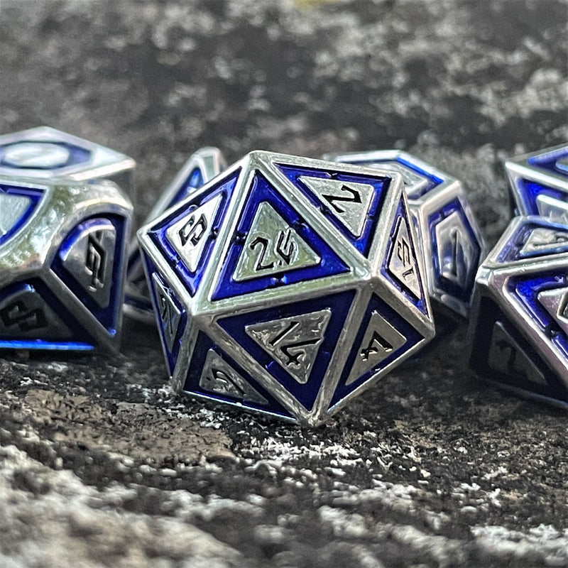 Load image into Gallery viewer, Cleric&#39;s Domain Blue &amp; Silver Metal Dice Set

