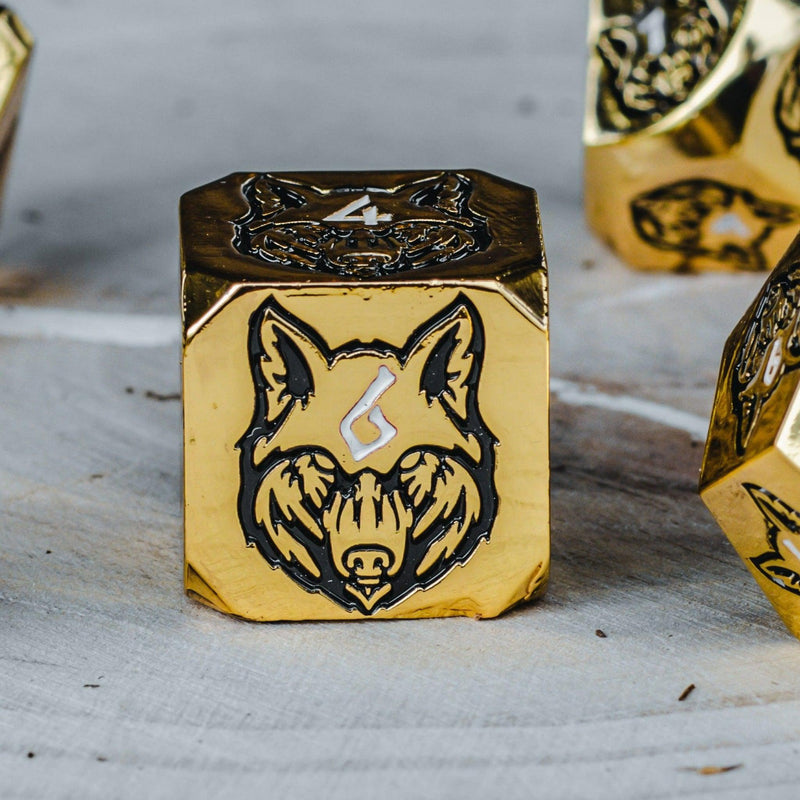 Load image into Gallery viewer, Wolves&#39; Den White, Black, and Gold Metal Dice Set
