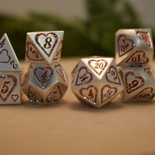Valentine Pink and Silver Heart Metal Dice Set