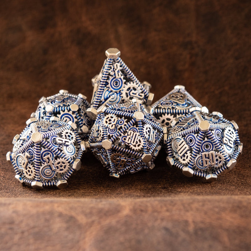 Load image into Gallery viewer, Weird West Wasteland Hollow Metal Dice Set - Blue and Silver
