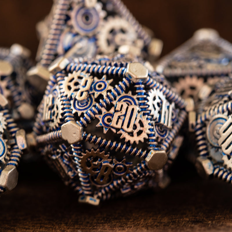 Load image into Gallery viewer, Weird West Wasteland Hollow Metal Dice Set - Blue and Silver
