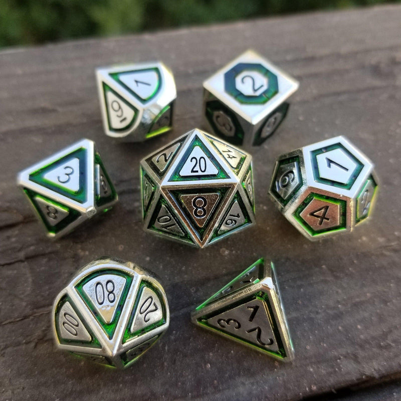 Load image into Gallery viewer, Cleric&#39;s Domain Green And Silver Metal Dice Set
