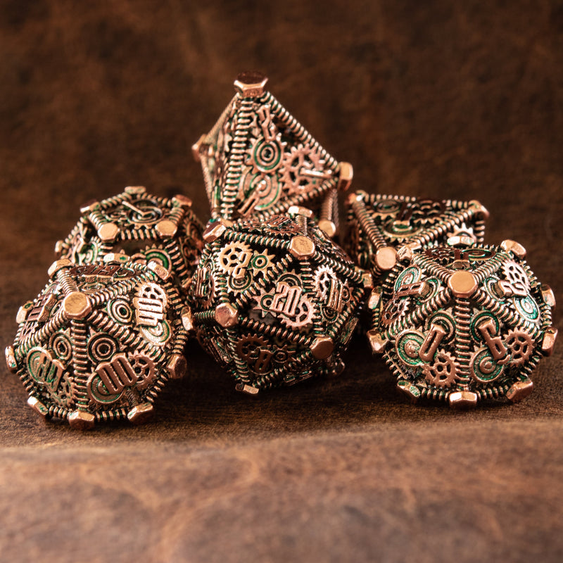Load image into Gallery viewer, Weird West Wasteland Hollow Metal Dice Set - Green and Bronze
