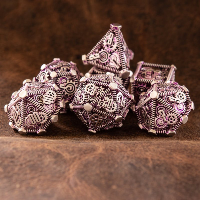 Load image into Gallery viewer, Weird West Wasteland Hollow Metal Dice Set - Purple and Silver
