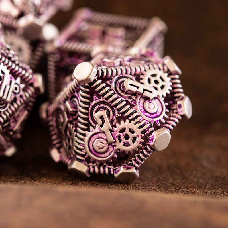 Load image into Gallery viewer, Weird West Wasteland Hollow Metal Dice Set - Purple and Silver

