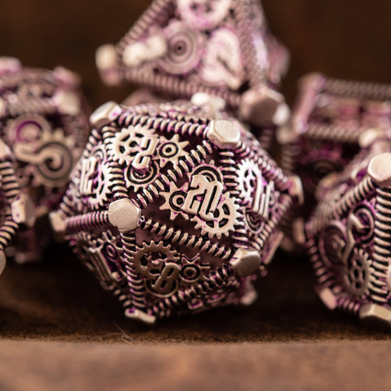 Load image into Gallery viewer, Weird West Wasteland Hollow Metal Dice Set - Purple and Silver
