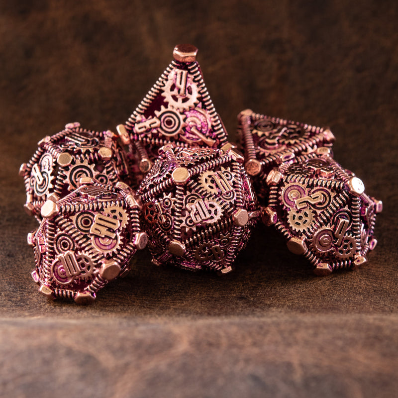 Load image into Gallery viewer, Weird West Wasteland Hollow Metal Dice Set - Purple and Bronze
