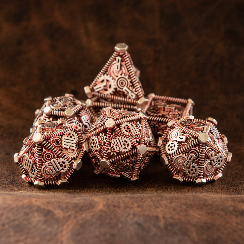 Load image into Gallery viewer, Weird West Wasteland Hollow Metal Dice Set - Red and Silver
