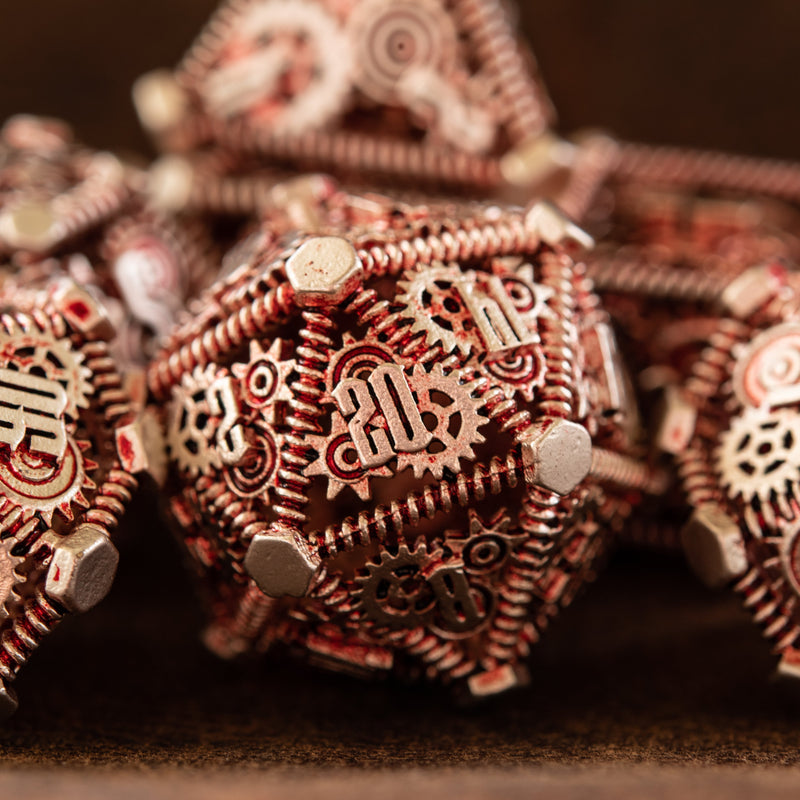 Load image into Gallery viewer, Weird West Wasteland Hollow Metal Dice Set - Red and Silver
