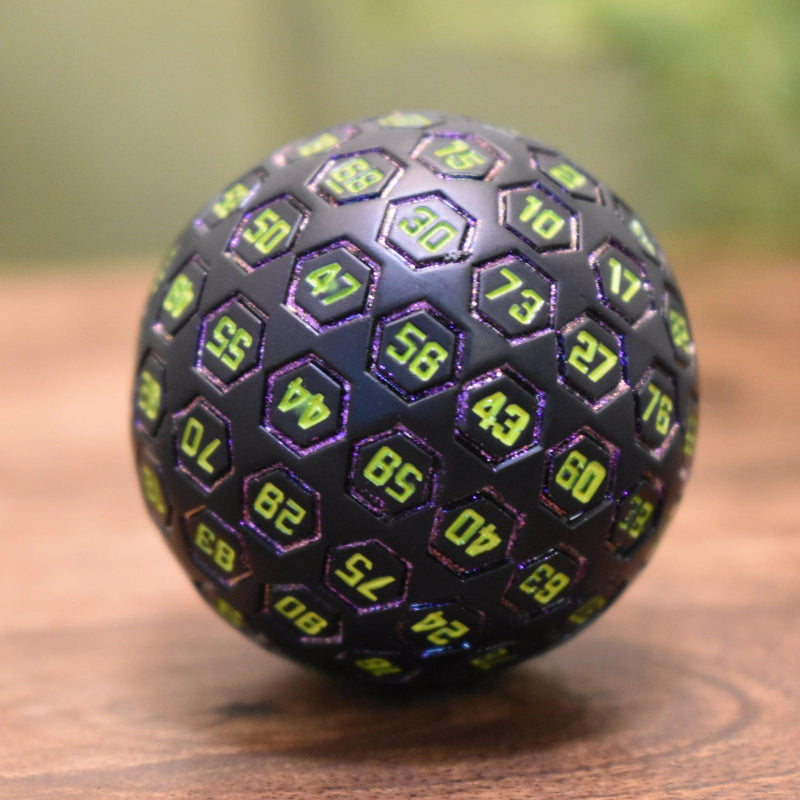 Load image into Gallery viewer, The Orb D100 -  Purple, Neon Green, and Black Metal Die
