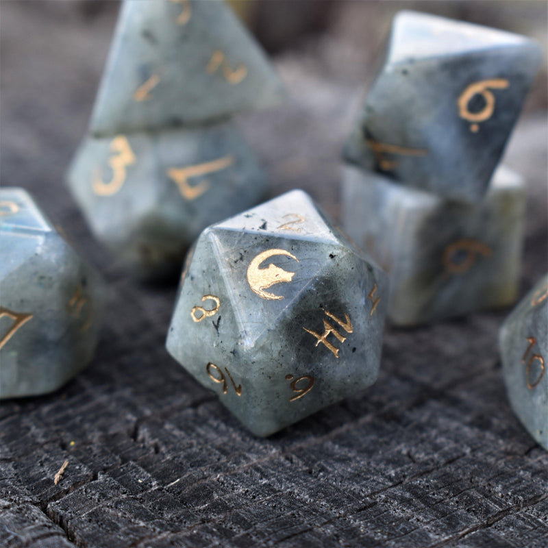 Load image into Gallery viewer, Werewolf Labradorite &quot;Moonstone&quot; Stone Dice Set
