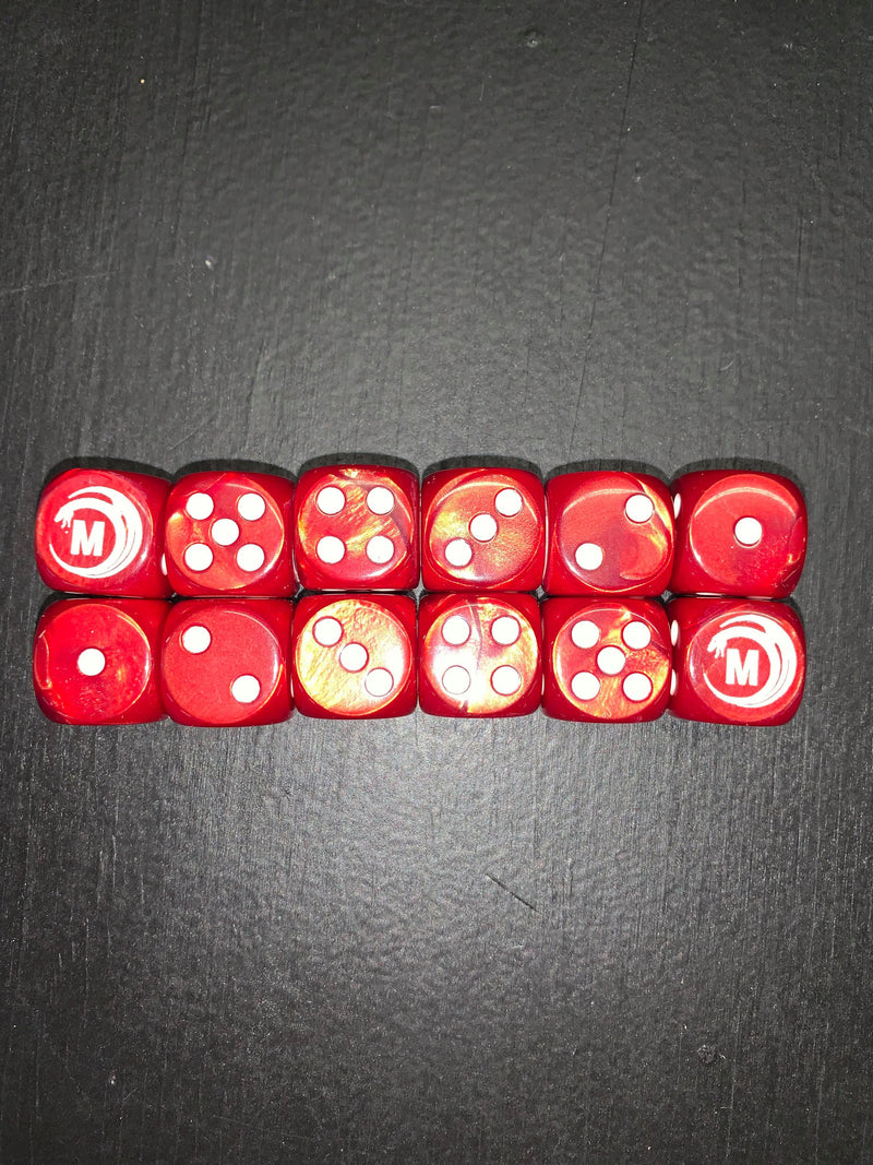 Load image into Gallery viewer, Mythicos Studios Red and White Dice Set (D6) (Set of 12)
