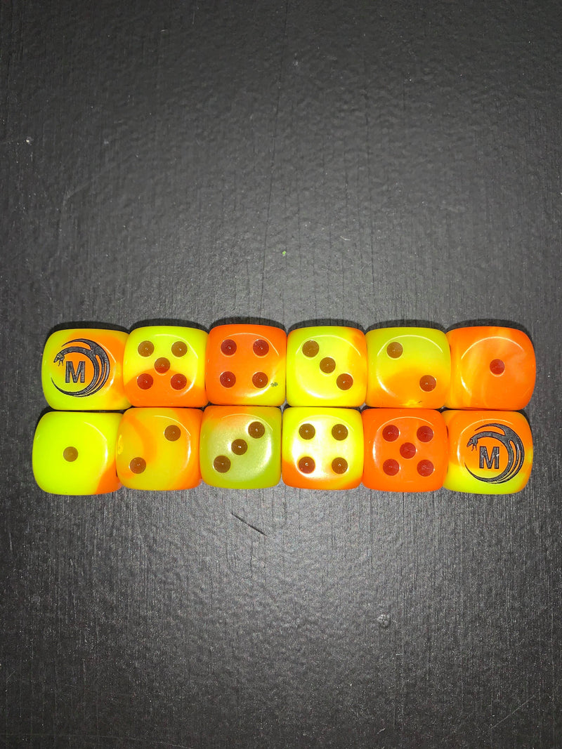 Load image into Gallery viewer, Mythicos Studios Yellow and Orange Dice Set (D6) (Set of 12)
