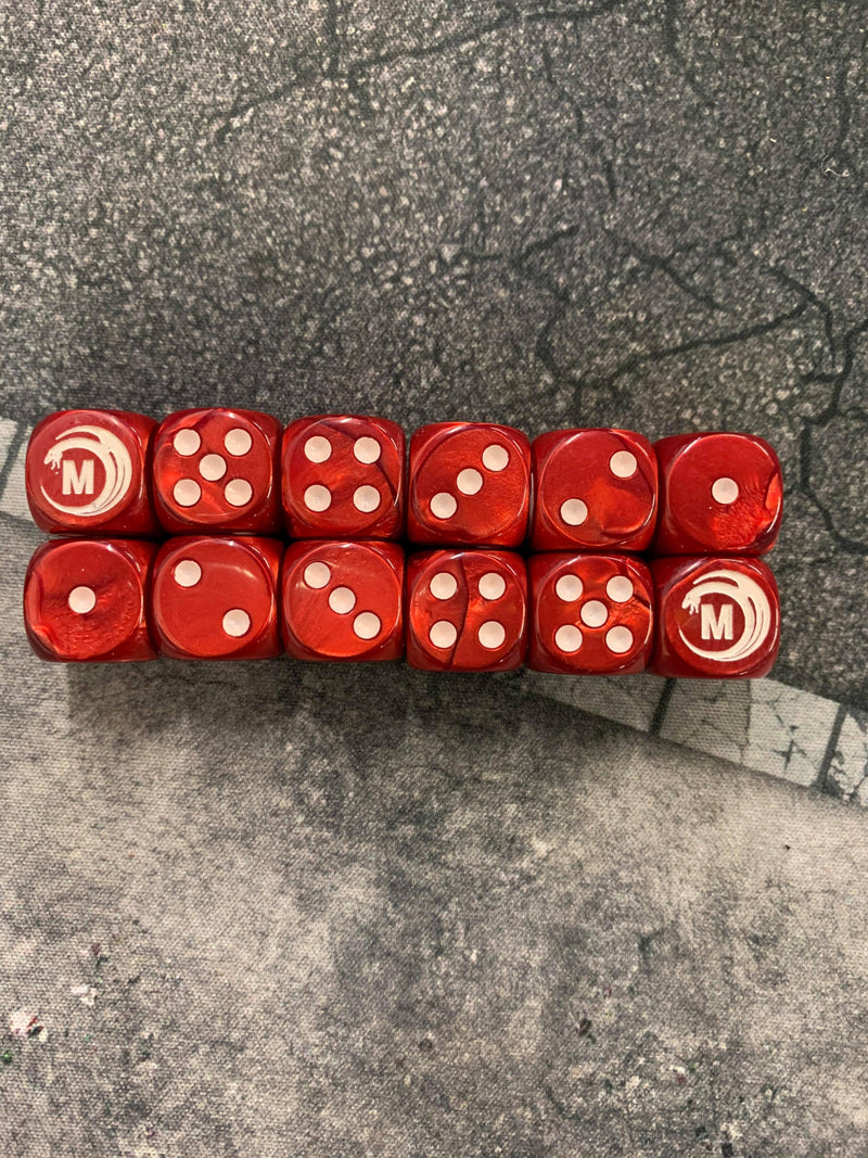 Load image into Gallery viewer, Mythicos Studios Red and White Dice Set (D6) (Set of 12)
