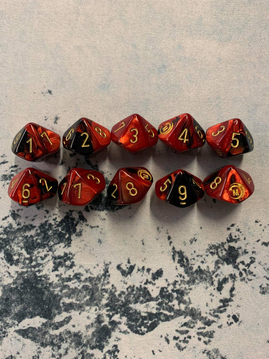 Mythicos Studios Red/Purple/Gold Dice Set (D10) (Set of 10)