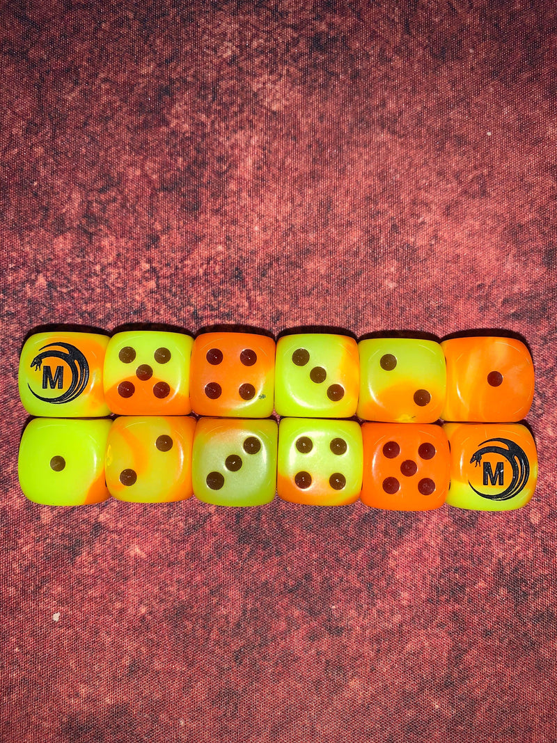 Load image into Gallery viewer, Mythicos Studios Yellow and Orange Dice Set (D6) (Set of 12)
