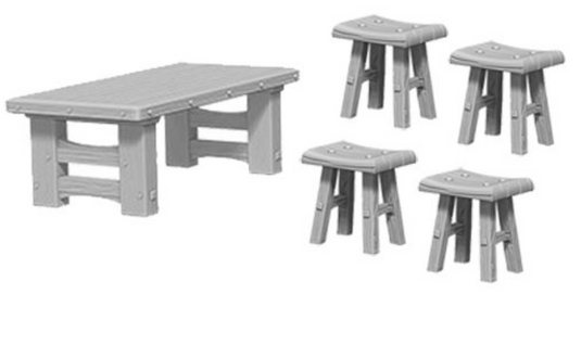 Pathfinder Battles Deep Cuts Unpainted Minis: W4 Wooden Table & Stools